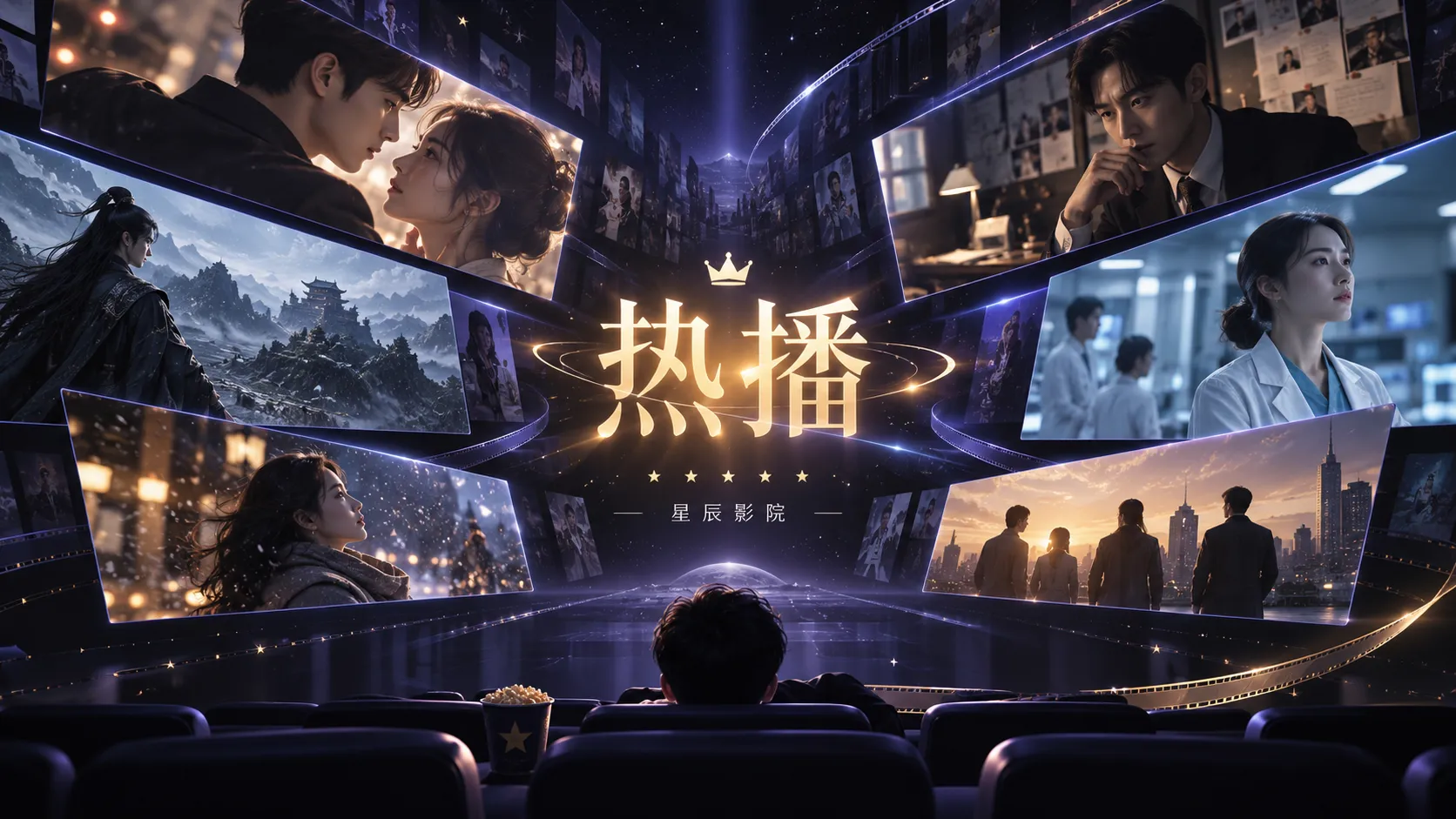 老式摄影馆布景与月形灯牌构成的年代剧氛围画面